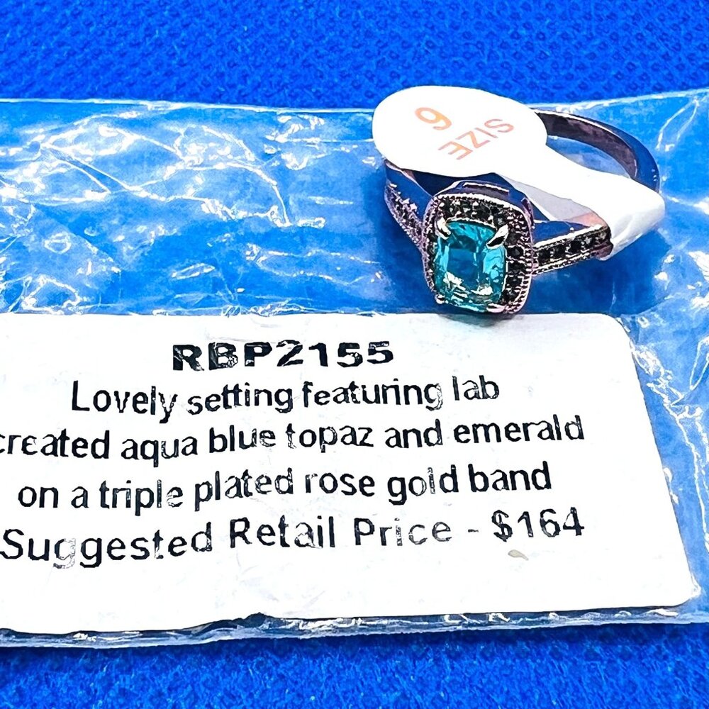 Ring Bomb Party Ring # 2155, Size 6 LC Aqua Blue Topaz triple plated rose gold - Picture 2 of 4
